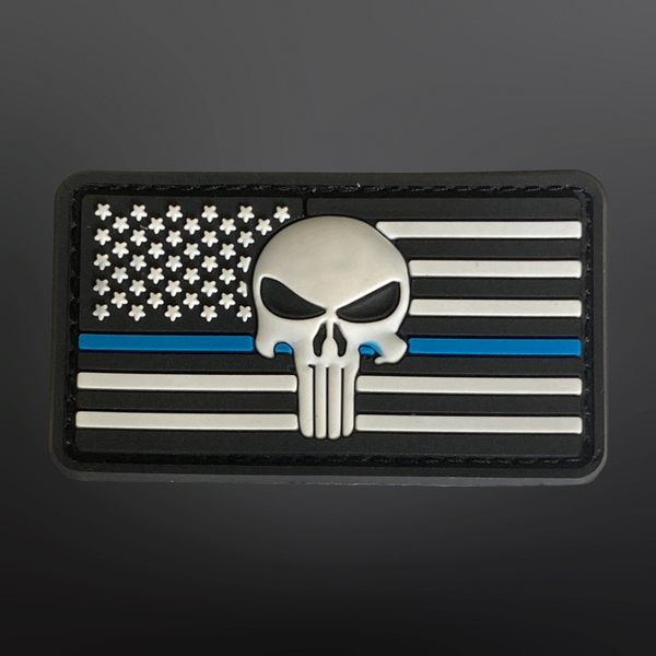 Thin Blue Line American Flag with Skull PVC Patch 3.5” L x 2” H