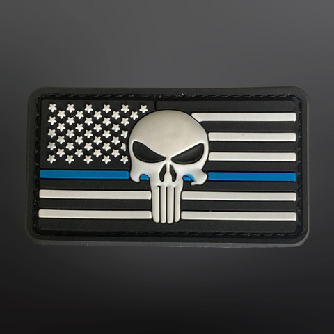 Thin Blue Line American Flag with Skull PVC Patch 3.5” L x 2” H