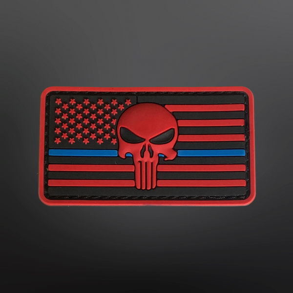 Thin Blue Line Red American Flag with Skull PVC Patch 3.5” L x 2” H