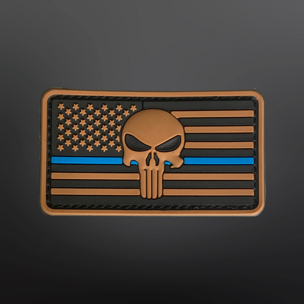Thin Blue Line Tan American Flag with Skull PVC Patch 3.5” L x 2” H