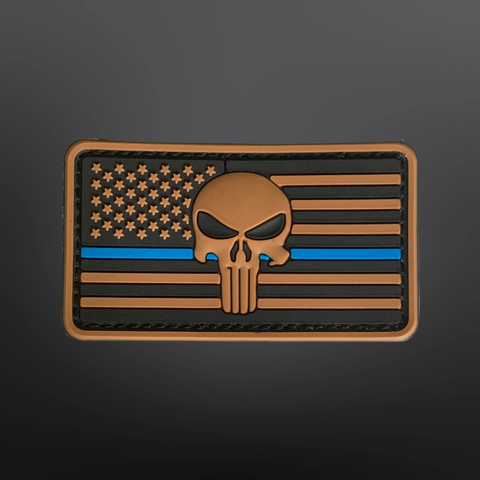 Thin Blue Line Tan American Flag with Skull PVC Patch 3.5” L x 2” H