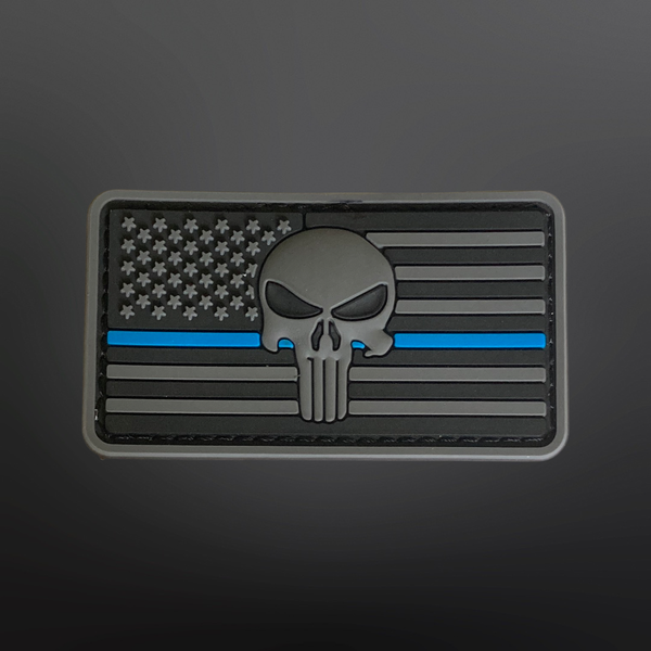 Thin Blue Line Subdued American Flag with Skull PVC Patch 3.5” L x 2” H